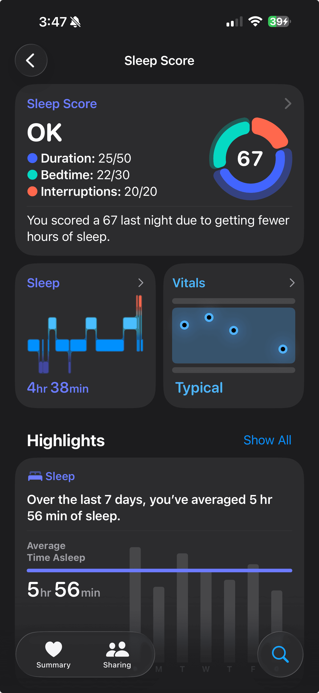 Apple Watch sleep score of 67 after a night of wine
