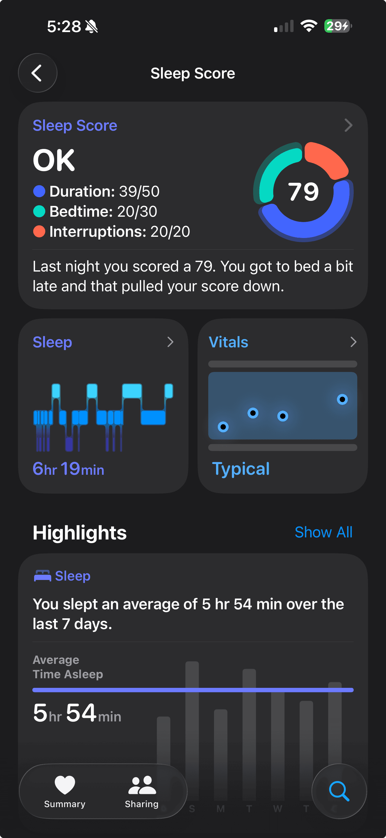 Apple Watch sleep score of 79 on control night without alcohol